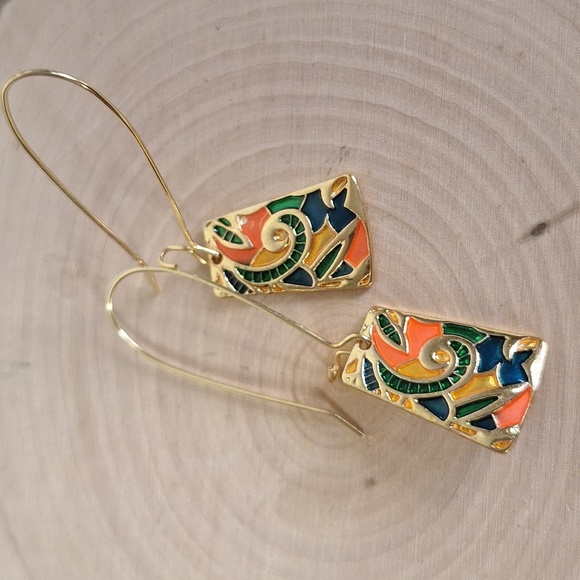 Boho Mosaic Enamel Gold Multicolor Abstract Dangle Earrings – Statement Jewelry - Picture 2 of 5